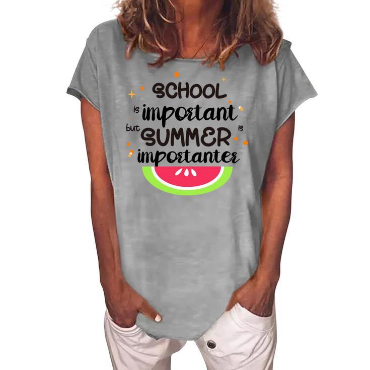 School Is Important But Summer Is Importanter Watermelon Design Women's Loosen Crew Neck Short Sleeve T-Shirt