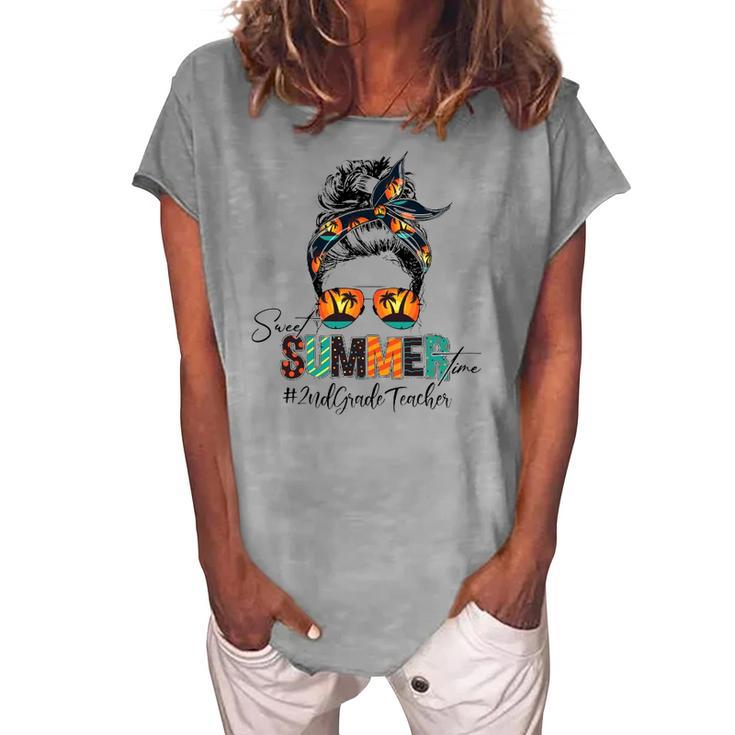 Sweet Summer Time 2Nd Grade Teacher Messy Bun Beach Vibes Women's Loosen T-Shirt