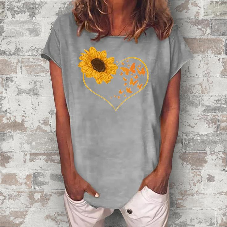 Yellow Flower Sunflowers Heart Butterfly Blossom Sunflower Women's Loosen T-Shirt