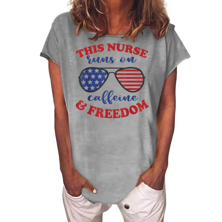 4Th Of July Nurse American Flag Sunglasses Caffeine Freedom Women's Loosen T-shirt