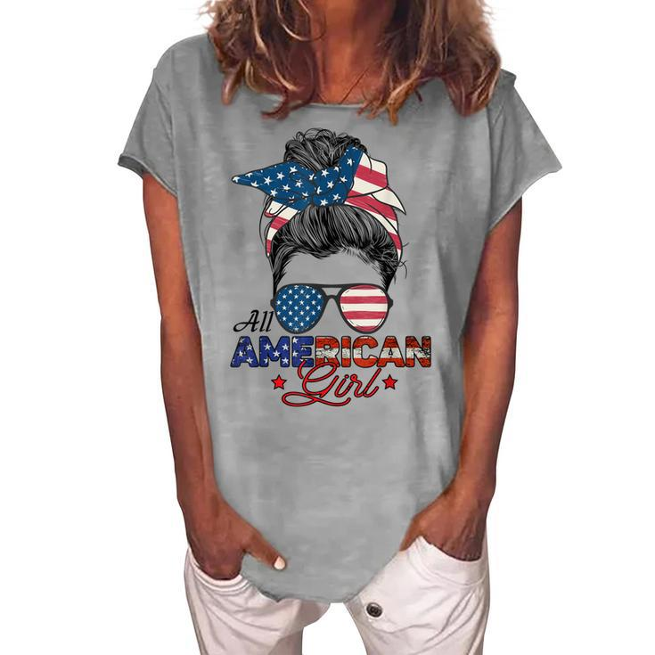 All American Girl 4Th July Messy Bun Us Flag Women's Loosen T-shirt