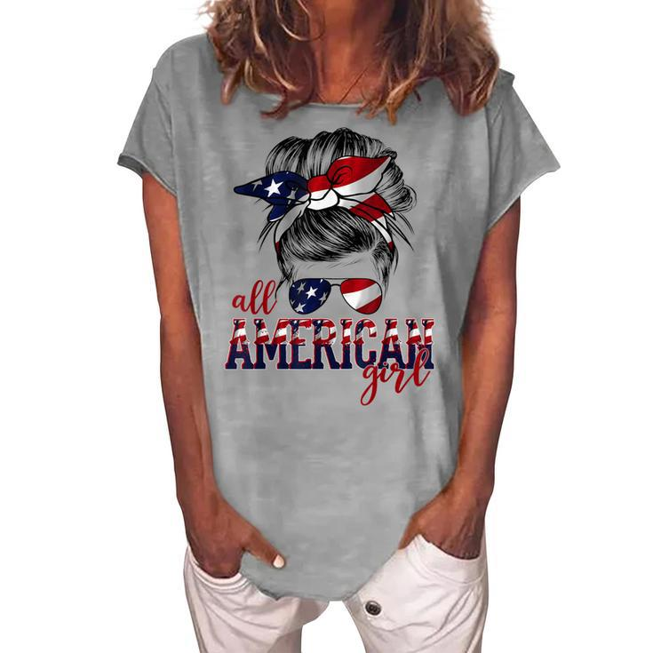 All American Girl Messy Hair Bun Woman Patriotic 4Th Of July Women's Loosen T-shirt