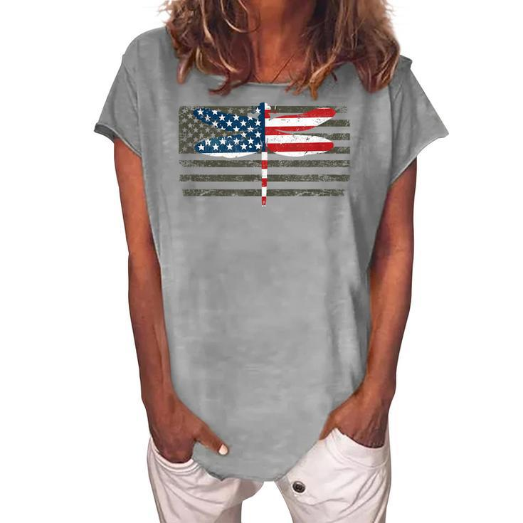 4Th Of July Dragonfly Patriotic Us American Flag Women's Loosen T-shirt