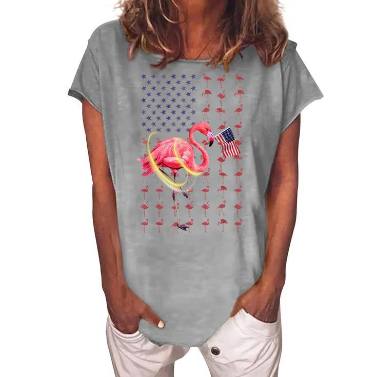 Flamingo American Usa Flag 4Th Of July Patriotic Women's Loosen T-shirt