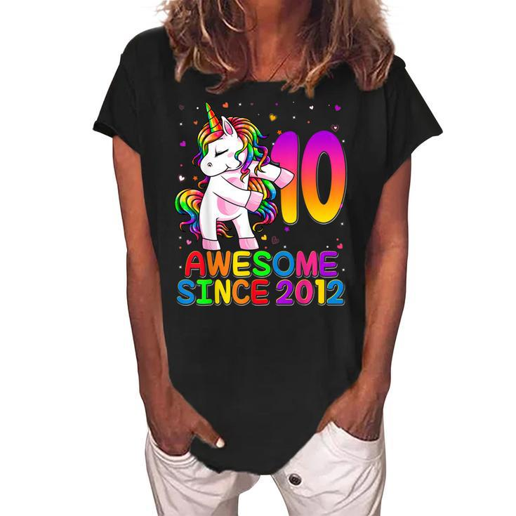 10 Year Old Unicorn Flossing 10Th Birthday Girl Unicorn  Women's Loosen Crew Neck Short Sleeve T-Shirt