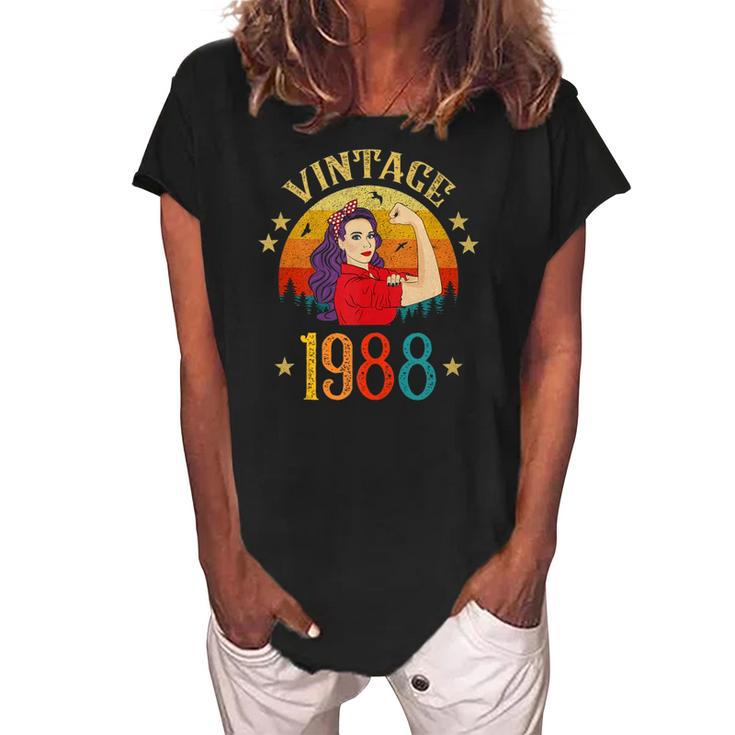34Th Birthday Gift 34 Years Old For Women Retro Vintage 1988  Women's Loosen Crew Neck Short Sleeve T-Shirt
