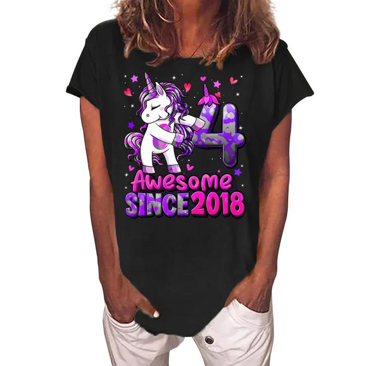 4 Years Old Unicorn Flossing 4Th Birthday Girl Unicorn Party T-Shirt Women's Loosen Crew Neck Short Sleeve T-Shirt