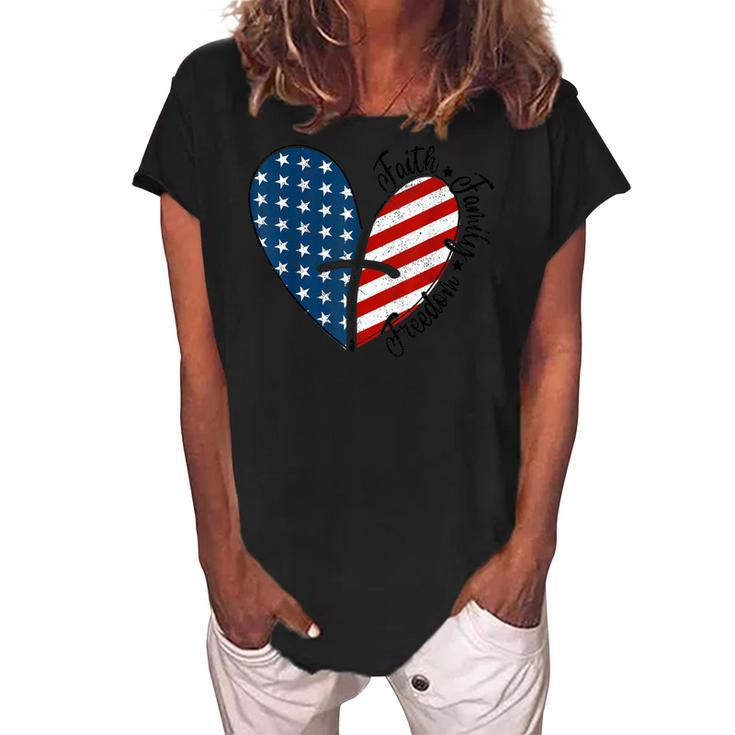 4Th Of July Faith Family Freedom American Flag Patriotic  Women's Loosen Crew Neck Short Sleeve T-Shirt