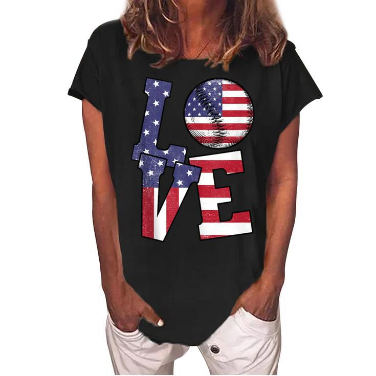 4Th Of July Love Baseball Patriotic Usa Flag For Dad Mom  Women's Loosen Crew Neck Short Sleeve T-Shirt
