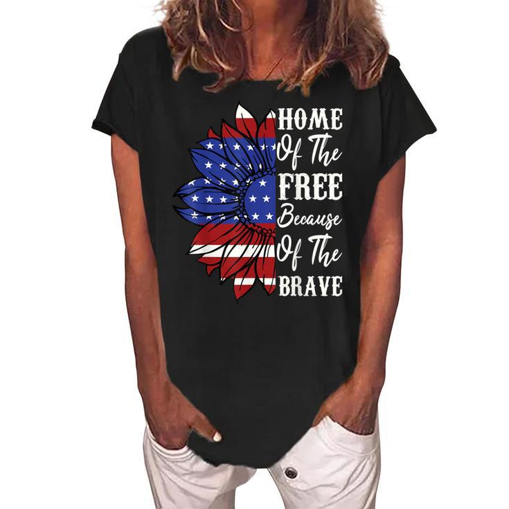 4Th Of July Sunflower Home Of The Free Because Of The Brave  Women's Loosen Crew Neck Short Sleeve T-Shirt