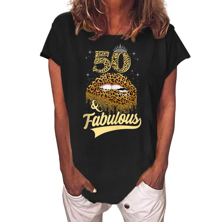 50 And Fabulous Queen Happy Birthday 50Th Leopard Sexy Lips  Women's Loosen Crew Neck Short Sleeve T-Shirt