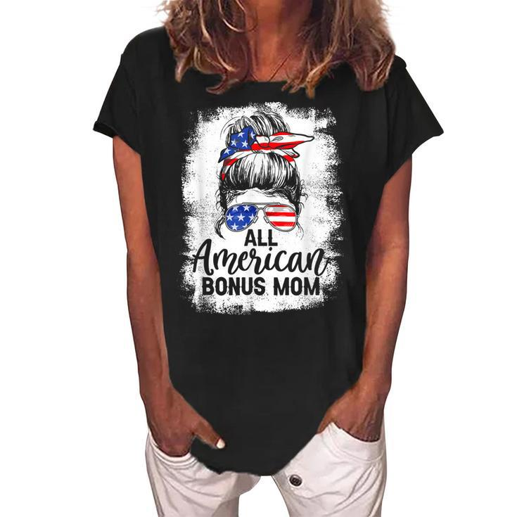 All American Bonus Mom 4Th Of July Messy Bun Proud Merica  Women's Loosen Crew Neck Short Sleeve T-Shirt