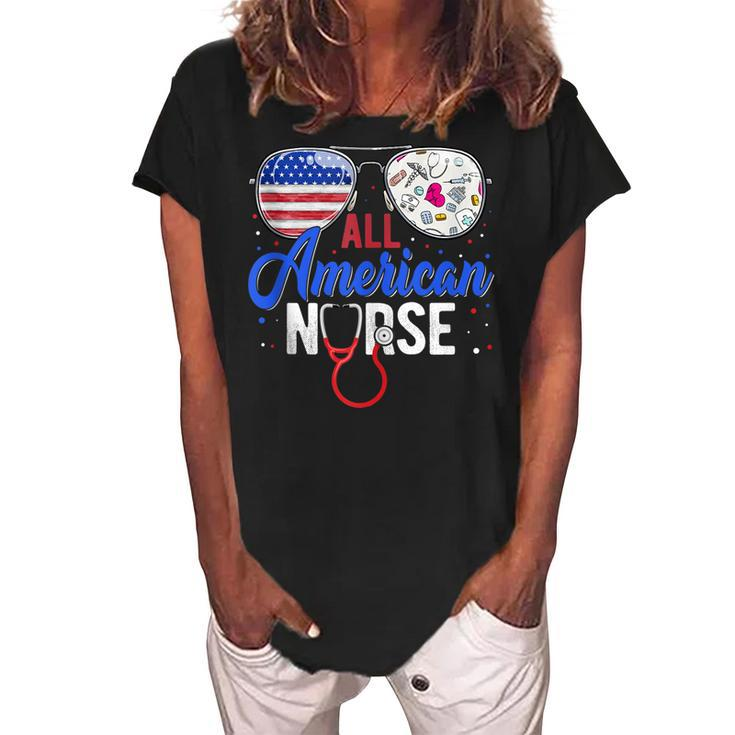 All American Nurse Scrub Heart Stethoscope 4Th Of July Nurse  Women's Loosen Crew Neck Short Sleeve T-Shirt