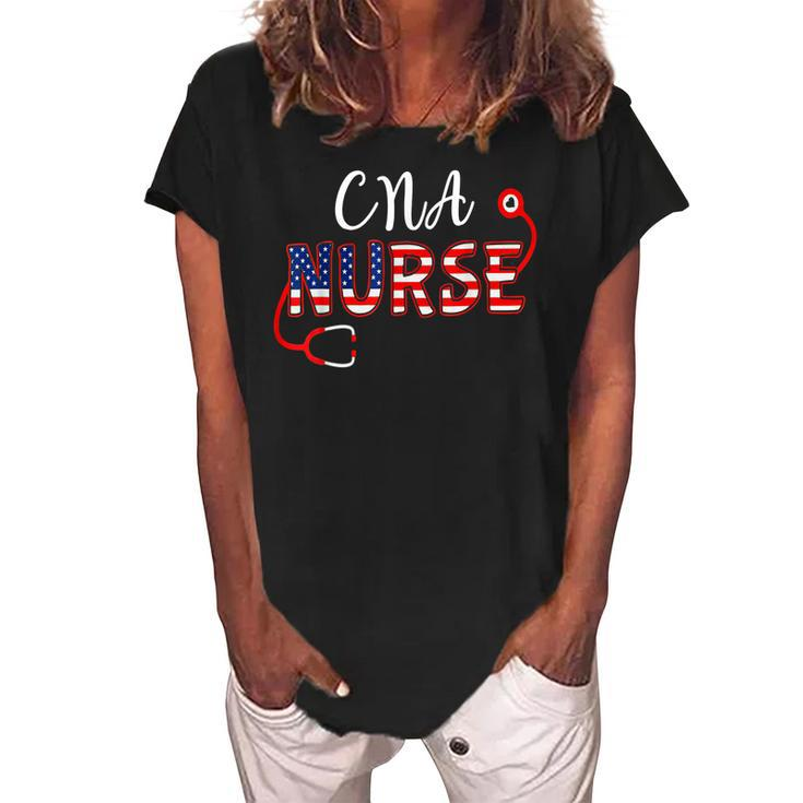 American Flag Cna Nurse Stethoscope 4Th Of July Patriotic  Women's Loosen Crew Neck Short Sleeve T-Shirt