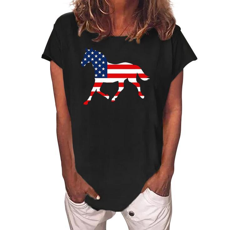 American Patriotic Horse Usa Flag July 4Th Gift Equestrian Women's Loosen Crew Neck Short Sleeve T-Shirt