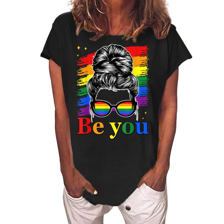 Be You Pride Lgbtq Gay Lgbt Ally Rainbow Flag Woman Face  Women's Loosen Crew Neck Short Sleeve T-Shirt