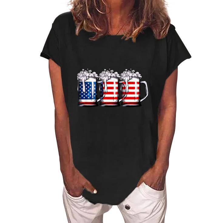 Beer American Flag 4Th Of July Independence Day  Women's Loosen Crew Neck Short Sleeve T-Shirt