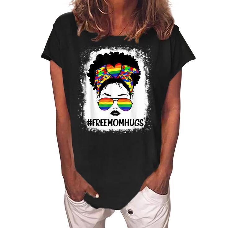 Black Womens Free Mom Hugs Messy Bun Lgbt Pride Rainbow  Women's Loosen Crew Neck Short Sleeve T-Shirt