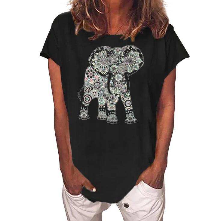 Boho Patterned Elephant  Women's Loosen Crew Neck Short Sleeve T-Shirt