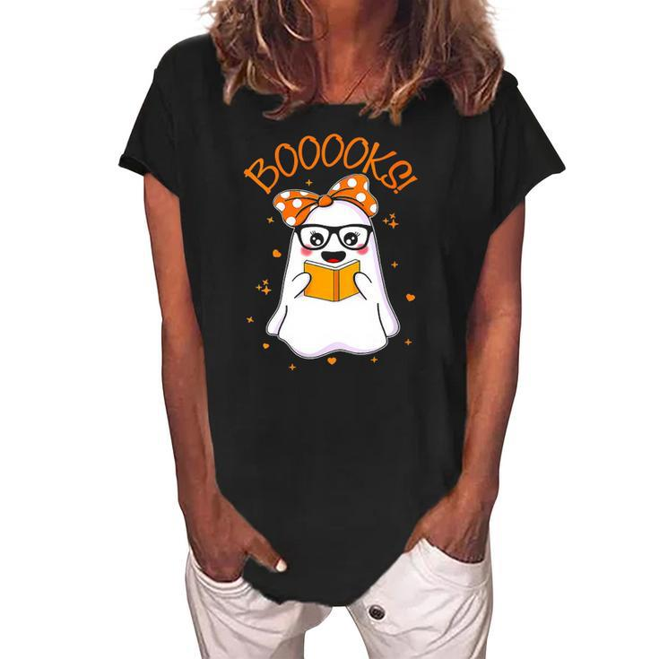 Booooks Cute Ghost Reading Library Books Halloween Teacher Women's Loosen Crew Neck Short Sleeve T-Shirt