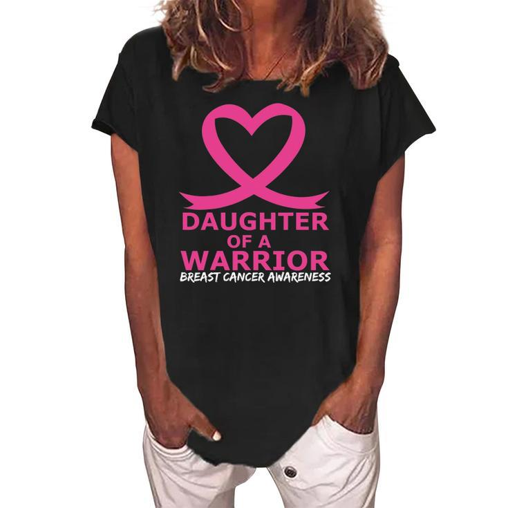 Breast Cancer Daughter Of A Warrior Pink Heart Ribbon Women's Loosen Crew Neck Short Sleeve T-Shirt