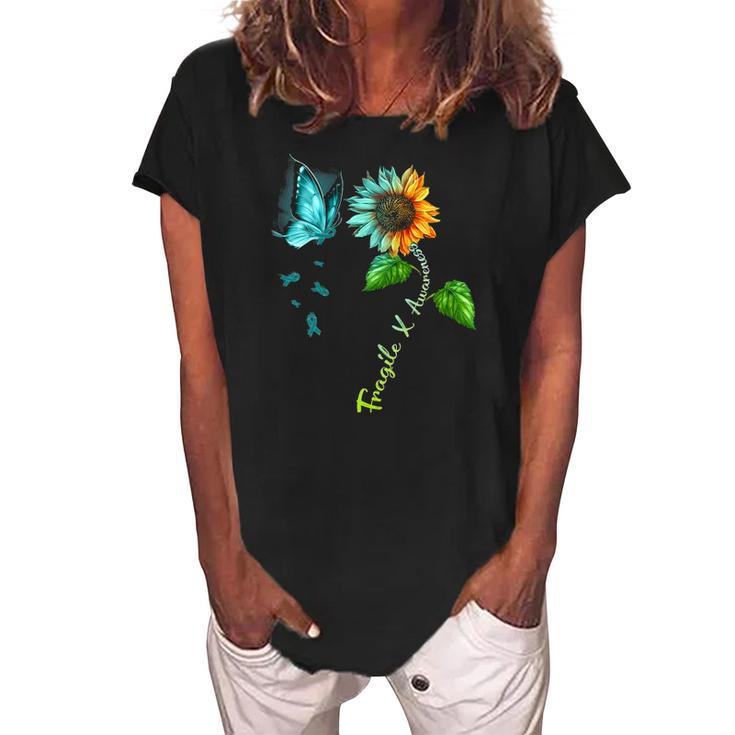 Butterfly Sunflower Fragile X Awareness Syndrome Women's Loosen Crew Neck Short Sleeve T-Shirt