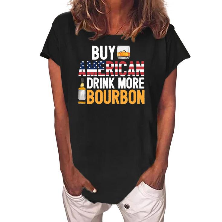 Buy American Drink More Bourbon Funny Whiskey Drinking Women's Loosen Crew Neck Short Sleeve T-Shirt