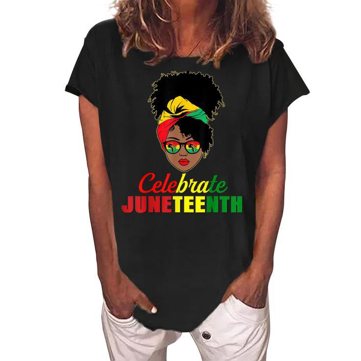 Celebrate Juneteenth Messy Bun Black Women Melanin Pride   Women's Loosen Crew Neck Short Sleeve T-Shirt
