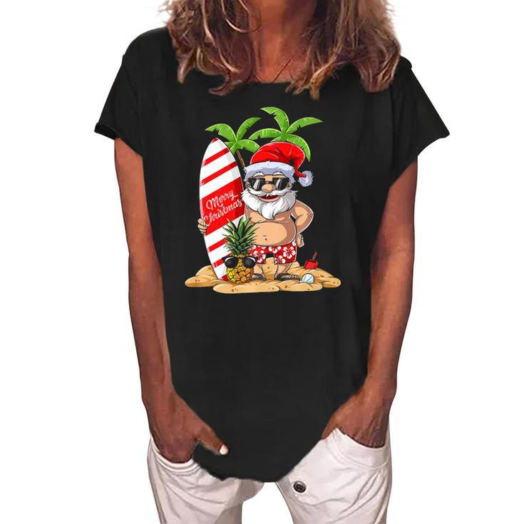 Christmas In July Santa Hawaiian Summer Surf Surfing Surfer  Women's Loosen Crew Neck Short Sleeve T-Shirt