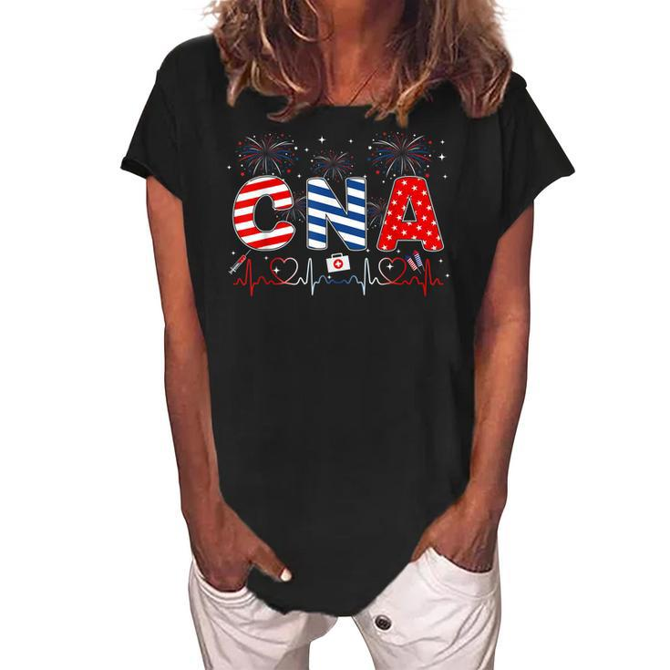 Cna 4Th Of July American Flag Patriotic Usa Stethoscope  Women's Loosen Crew Neck Short Sleeve T-Shirt