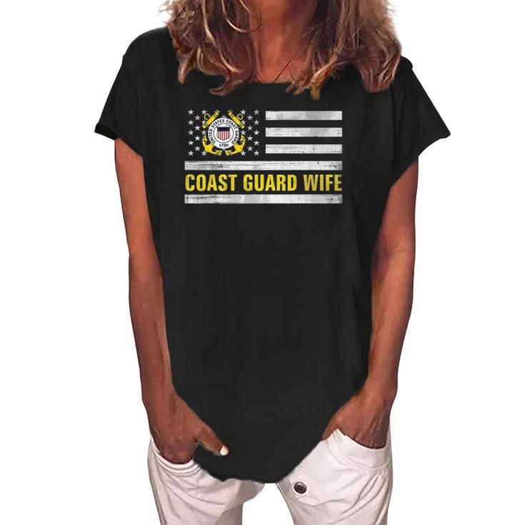 Coast Guard Wife With American Flag Gift For Veteran Day Women's Loosen Crew Neck Short Sleeve T-Shirt