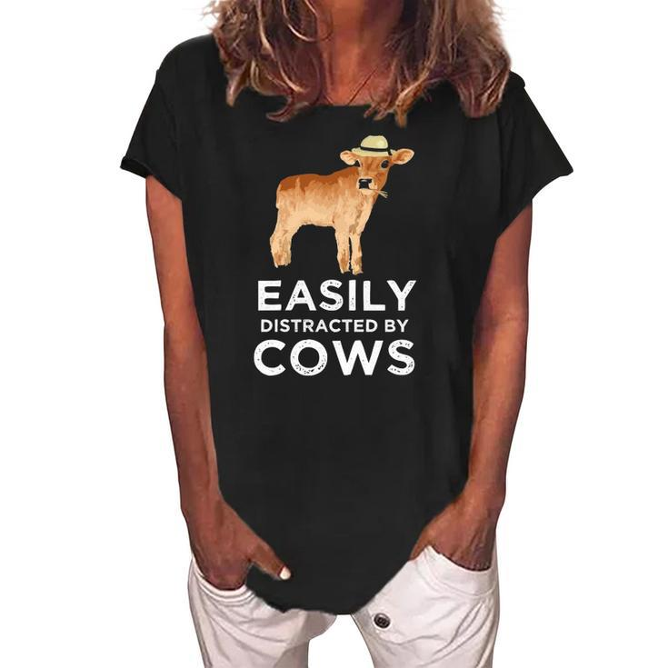 Cow Gifts For Women & Girls Cute Easily Distracted By Cows  Women's Loosen Crew Neck Short Sleeve T-Shirt