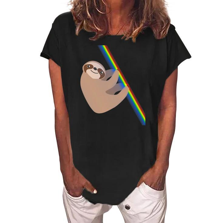Cute Sloth Design - New Sloth Climbing A Rainbow Women's Loosen Crew Neck Short Sleeve T-Shirt