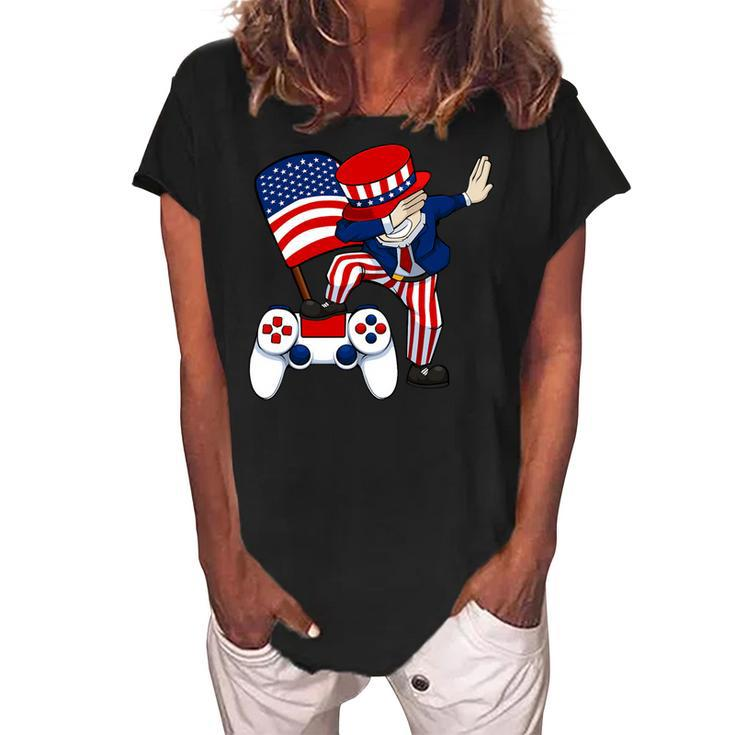 Dabbing Patriotic Gamer 4Th Of July Video-Game Controller T-Shirt Women's Loosen Crew Neck Short Sleeve T-Shirt