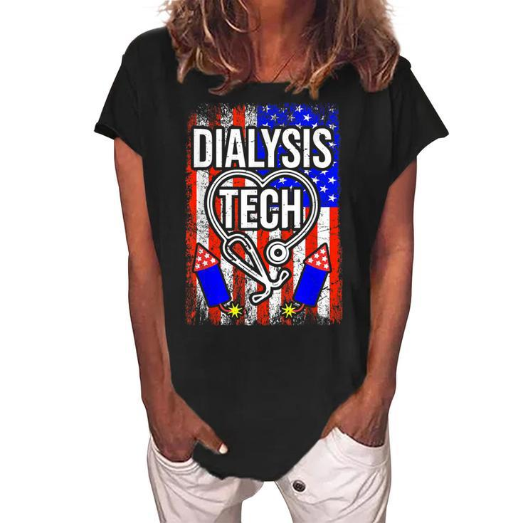 Dialysis Tech 4Th Of July American Flag Stethoscope Sparkler  Women's Loosen Crew Neck Short Sleeve T-Shirt