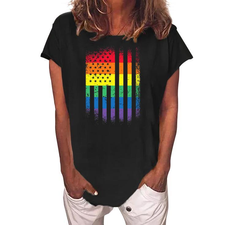 Distressed Rainbow Flag Gay Pride Rainbow Equality Women's Loosen Crew Neck Short Sleeve T-Shirt