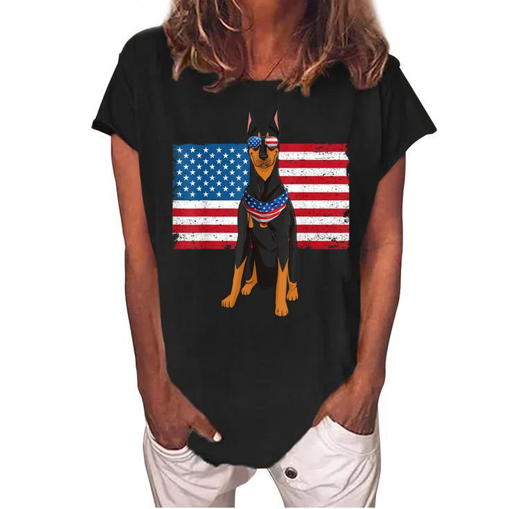 Doberman Dad & Mom American Flag 4Th Of July Usa Funny Dog  Women's Loosen Crew Neck Short Sleeve T-Shirt