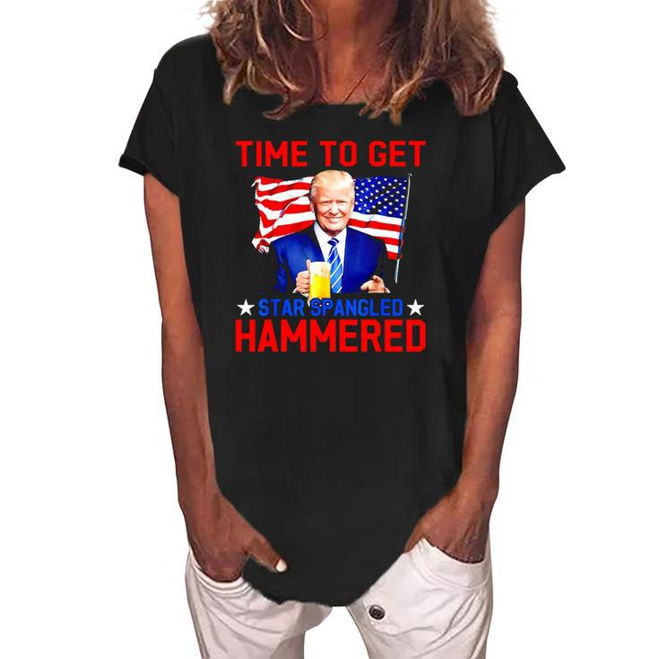Donald Drunk Trump 4Th Of July Drinking Presidents Usa Flag Women's Loosen Crew Neck Short Sleeve T-Shirt