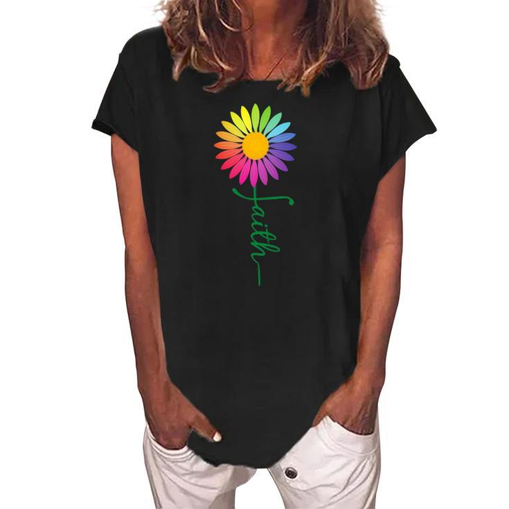 Faith Cross Flower Rainbow Christian Gift Women's Loosen Crew Neck Short Sleeve T-Shirt