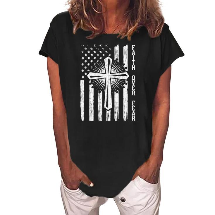 Faith Over Fear American Pride Us Flag Prayer Christian Women's Loosen Crew Neck Short Sleeve T-Shirt