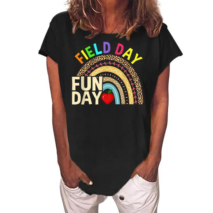 Field Day Fun Day Last Day Of School Teacher Rainbow  Women's Loosen Crew Neck Short Sleeve T-Shirt