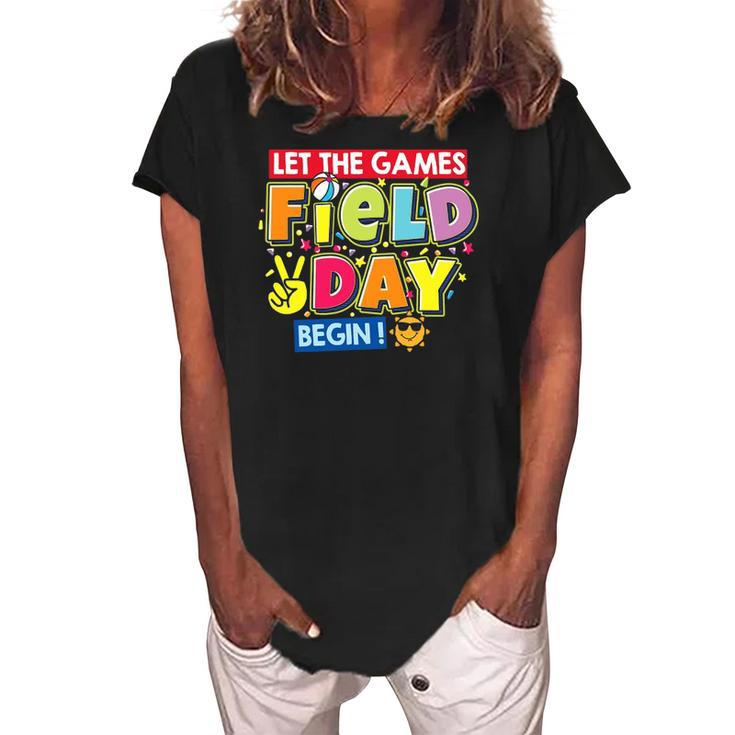 Field Day Let The Games Begin Kids Teachers Field Day 2022 Smile Face Women's Loosen Crew Neck Short Sleeve T-Shirt