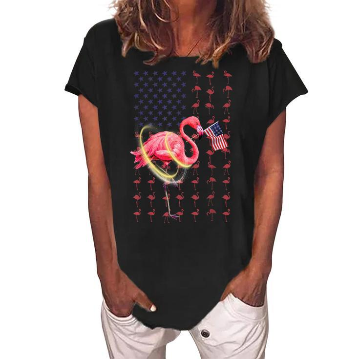 Flamingo American Usa Flag 4Th Of July Funny Patriotic   Women's Loosen Crew Neck Short Sleeve T-Shirt