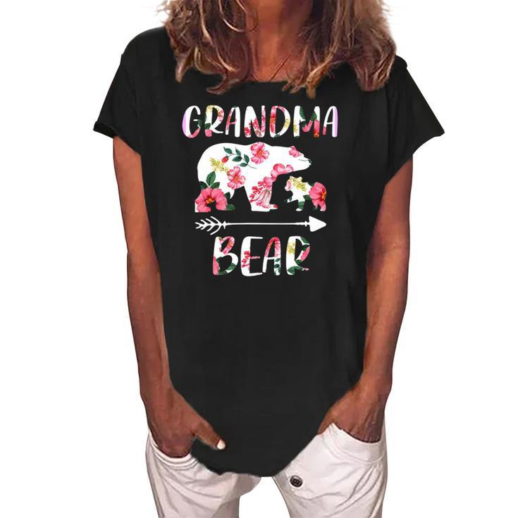 Floral Bear Matching Family Outfits Funny Grandma Bear Women's Loosen Crew Neck Short Sleeve T-Shirt