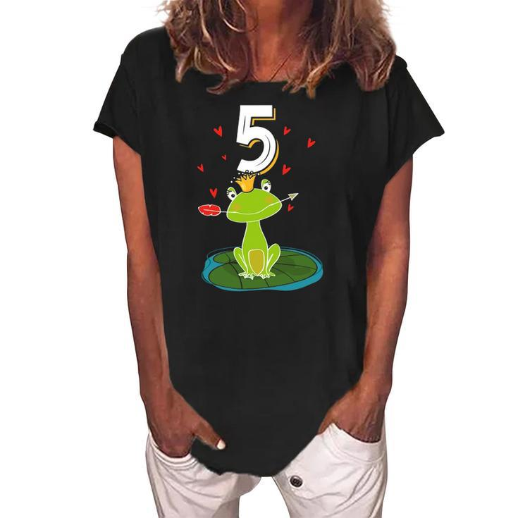 Frog Animal Lovers 5Th Birthday Girl B-Day 5 Years Old Women's Loosen Crew Neck Short Sleeve T-Shirt