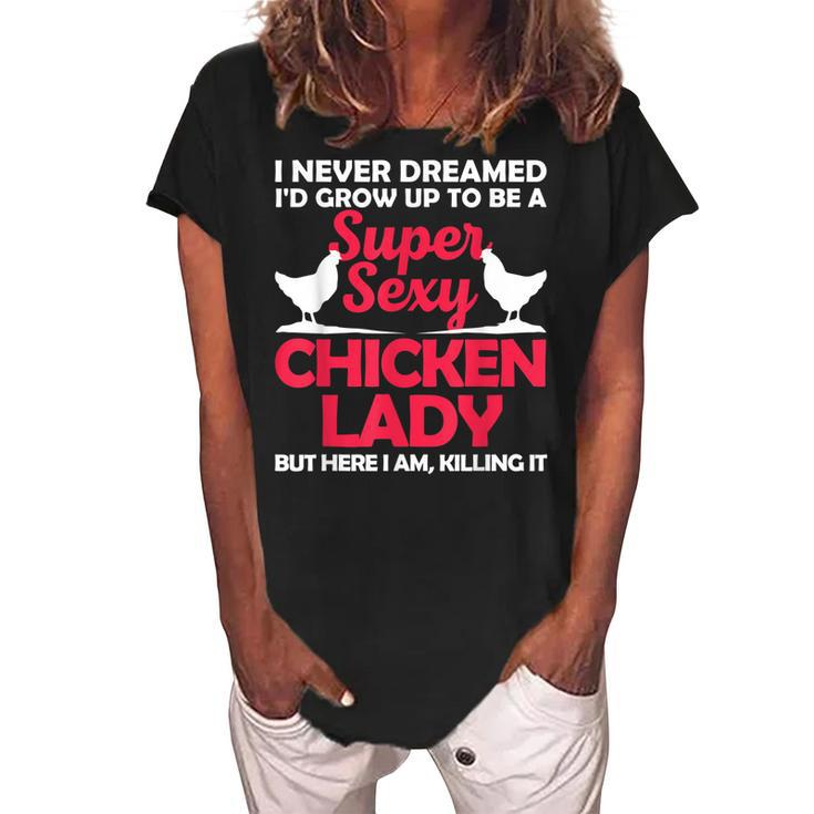 Funny Chicken Lady For Women Girl Chicken Sexy Farmer Ladies  Women's Loosen Crew Neck Short Sleeve T-Shirt