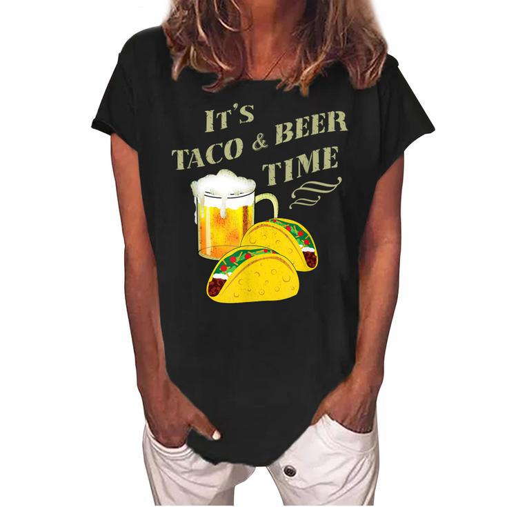 Funny Drinking  Its Taco & Beer Time Cinco De Mayo  Women's Loosen Crew Neck Short Sleeve T-Shirt