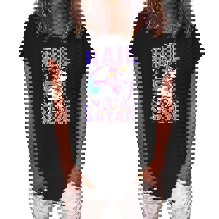 Funny Hail Satan Unicorn Rainbow Satanic Heavy Metal Pun Women's Loosen Crew Neck Short Sleeve T-Shirt