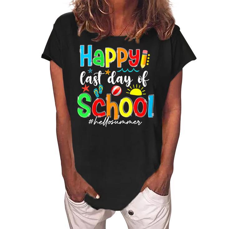 Funny Happy Last Day Of School Hello Summer Multicolored Women's Loosen Crew Neck Short Sleeve T-Shirt