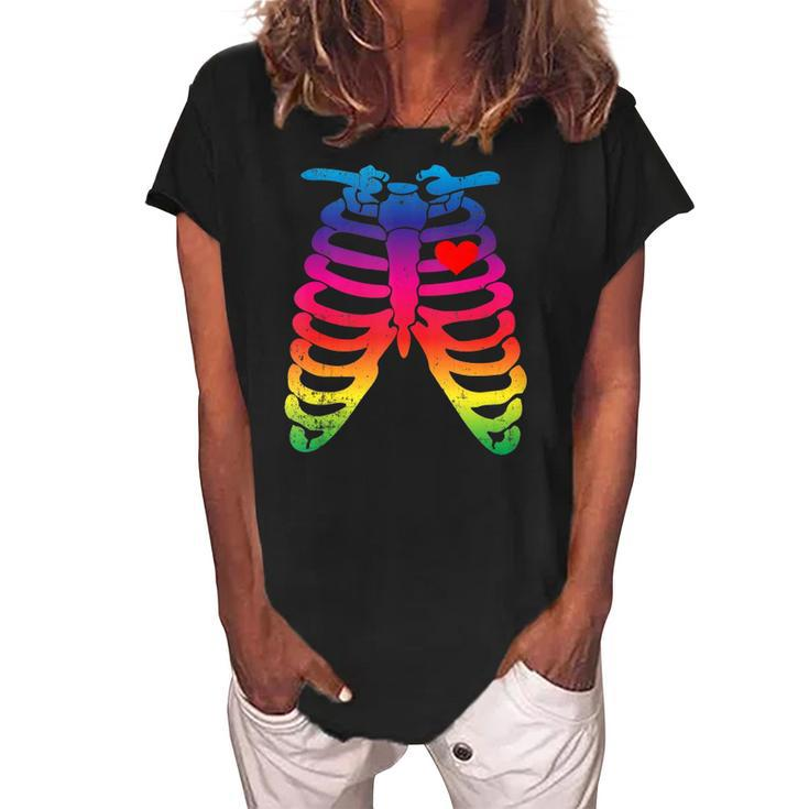 Gay Rainbow Pride Lgbt Halloween Skeleton Design  Women's Loosen Crew Neck Short Sleeve T-Shirt